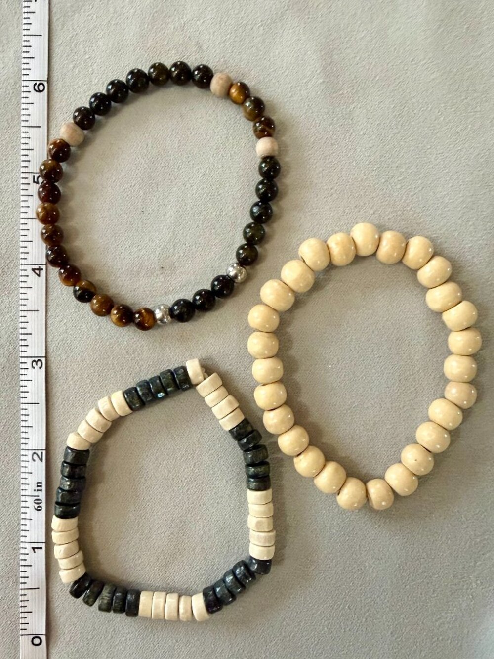 Set of Three Stackable Bracelets - Tiger Eye Stone ,Wood, Coconut Shell